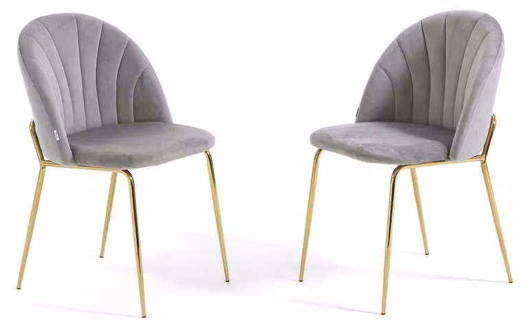 Set di 2 sedie da pranzo in velluto con gambe in metallo, imbottite, dal design elegante per cucina, sala da pranzo, camera da letto, ufficio o ristorante SONIA - Grigio chiaro/oro