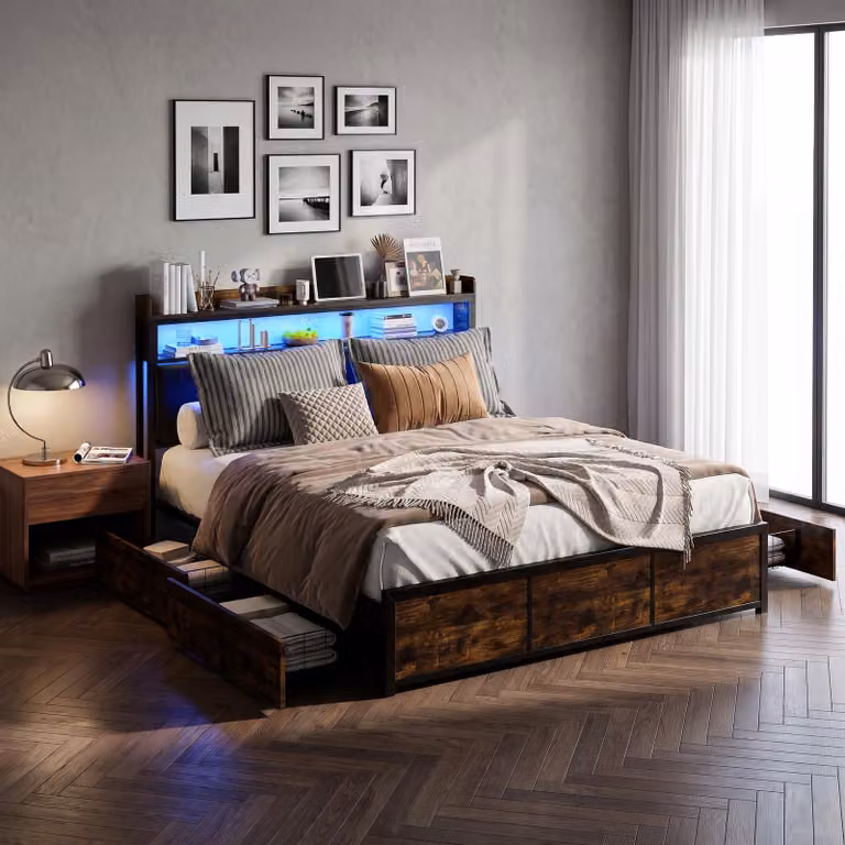 Letto matrimoniale in metallo INONEFT, 140x200 cm, con spazio contenitore, letto per ragazzi/adulti, con LED e 4 cassetti, letto multifunzione con spazio contenitore e ripiano imbottito. Materiale: PU