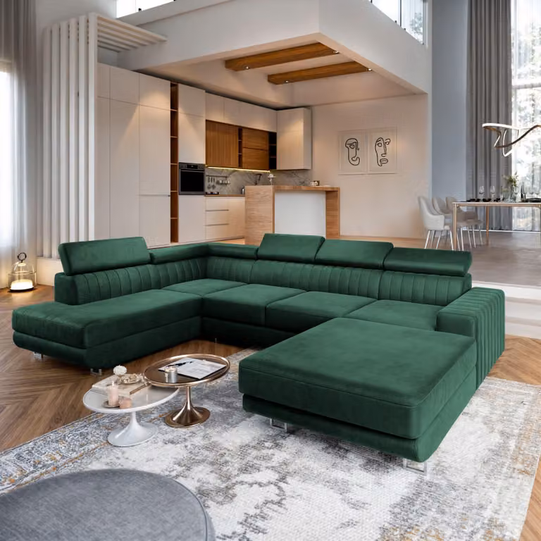 Divano angolare Masseno SIENA L-S con funzione letto a U, divano con box letto, divano da soggiorno, divano, divano letto, set di divani - verde, MONOLITH 37