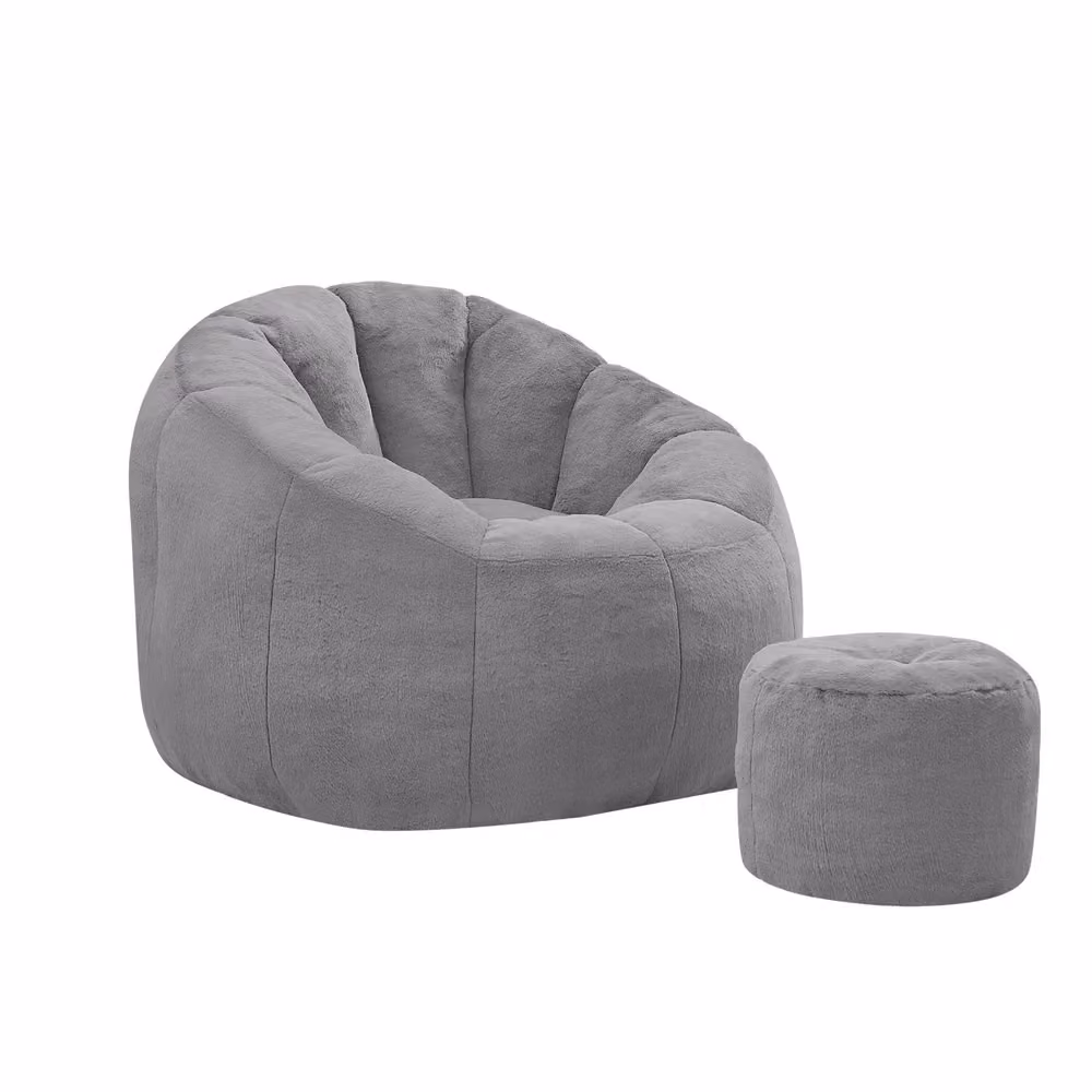 Pouf da relax con poggiapiedi Minimal in tessuto grigio chiaro per soggiorno e camera – 2