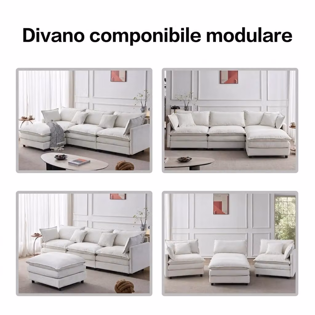 Divano angolare modulare 3 posti Vovees Living con penisola e pouf, reversibile, in tessuto beige, L: 267 cm, P: 154 cm, H: 85 cm – 2
