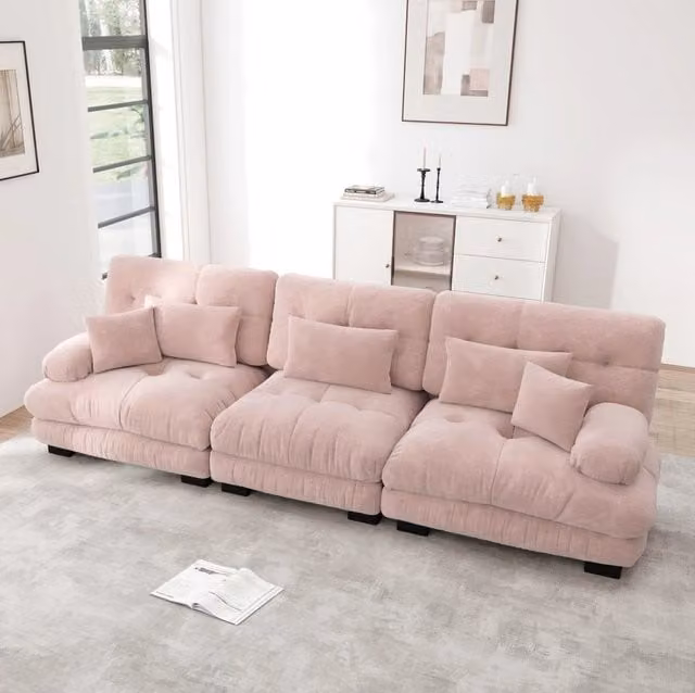 Divano modulare in ciniglia rosa; 313 × 77 × 81 cm