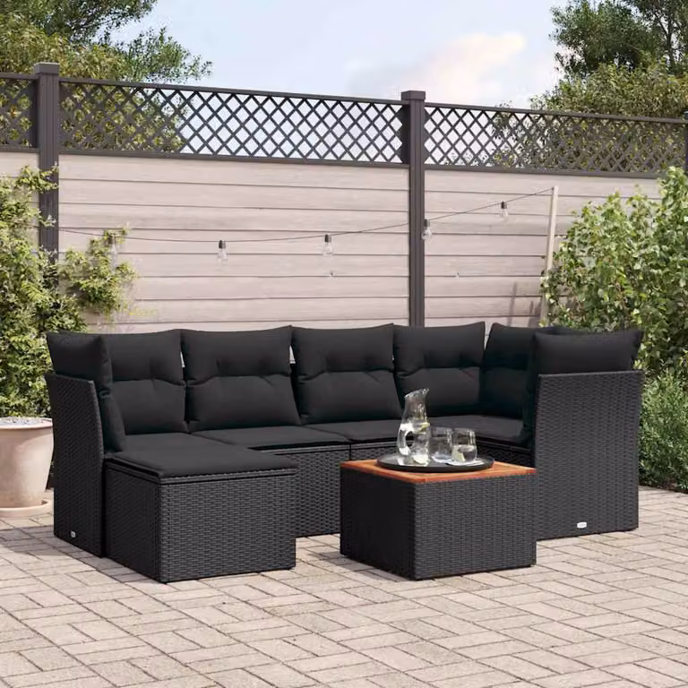 Set Divani da Giardino a L vidaXL in Polyrattan Nero con Cuscini e Tavolino da Esterno