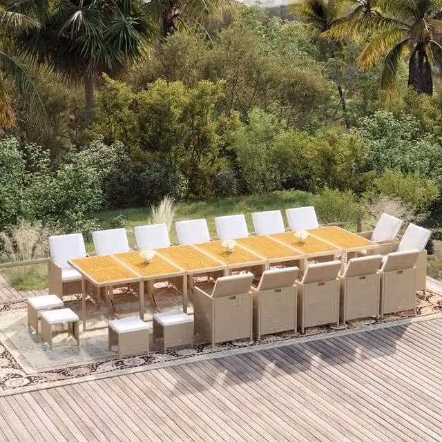 Set da pranzo da giardino vidaXL in legno di acacia e polyrattan con cuscini beige e bianchi