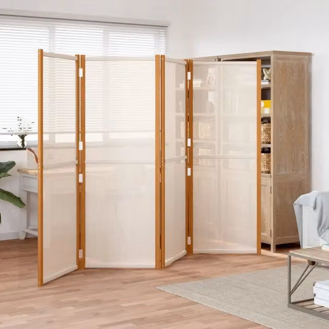 Divisorio a 4 Pannelli vidaXL in Legno di Acacia Oliato e Textilene Bianco L: 280 cm, H: 180 cm