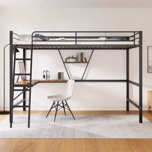 Letto a soppalco singolo OKWISH con scrivania a L e ripiano, colore nero, L/P/H: 200 x 90 x 180,5 cm