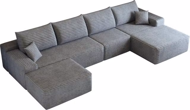 Divano angolare moderno a 4 posti con chaise longue sinistra in tessuto grigio a righe e cuscini inclusi L: 270 cm, P: 83 cm, H: 70,8 cm