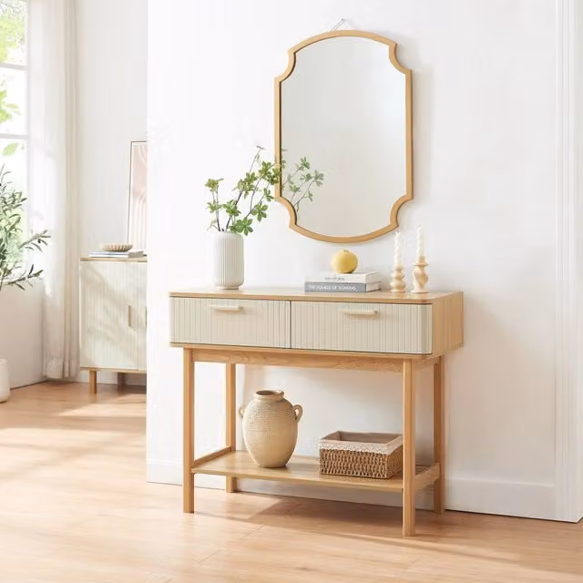 Tavolo a Consolle Ferrersp en.casa con 2 Cassetti e Ripiano, Effetto Rovere e Avena, L 100 x P 40 x H 80 cm