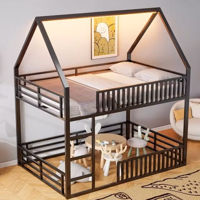 Letto a soppalco a casetta 140 × 200 cm con barriera a staccionata e LED a 7 colori, senza materasso, nero