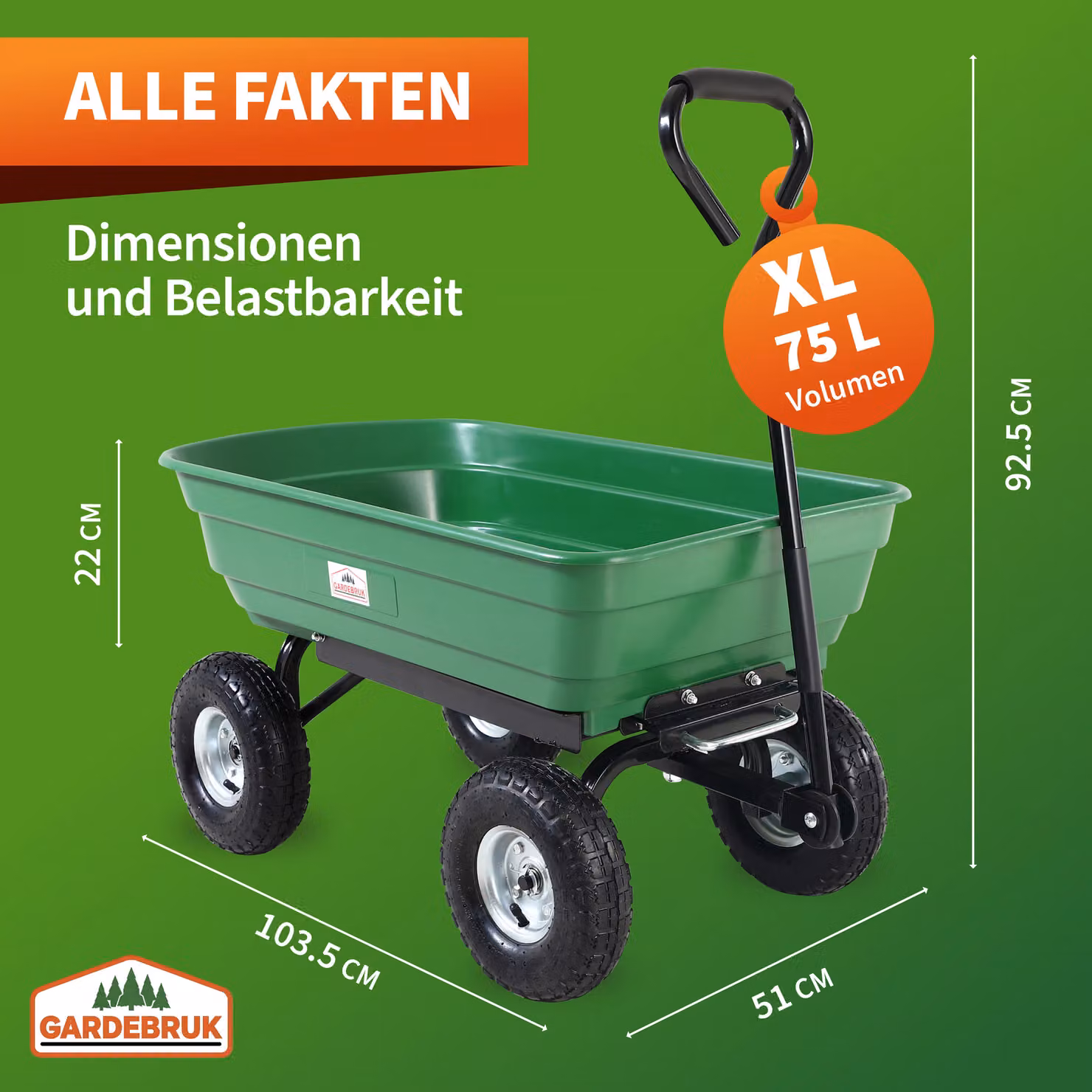 Carrello da Giardino Gardebruk Ribaltabile Verde e Nero con Capacità 75L e Portata 300kg – 2