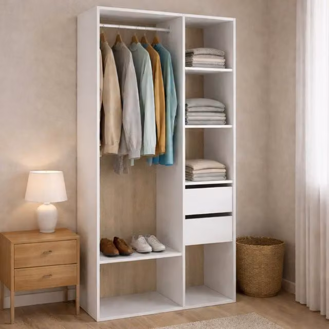 Armadio moderno DMORA per camera da letto con cassetti e ripiani, Bianco e Rovere, L: 98 cm, P: 45 cm, H: 205 cm – 1