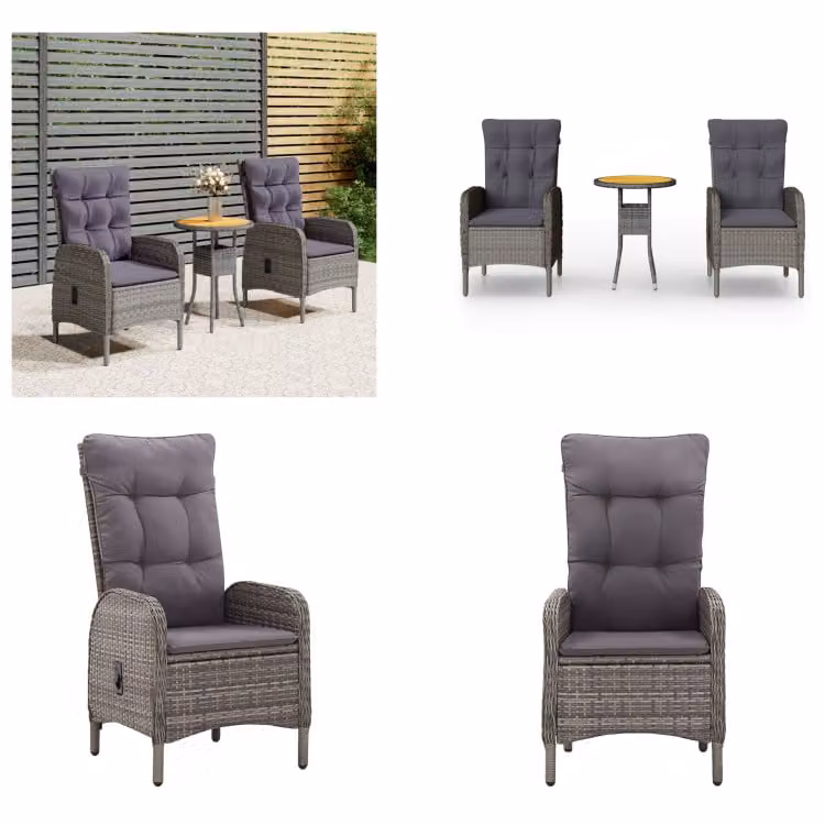vidaXL Set bistrot da giardino 3 pezzi in rattan grigio - set bistrot - set bistrot - set patio - set mobili patio