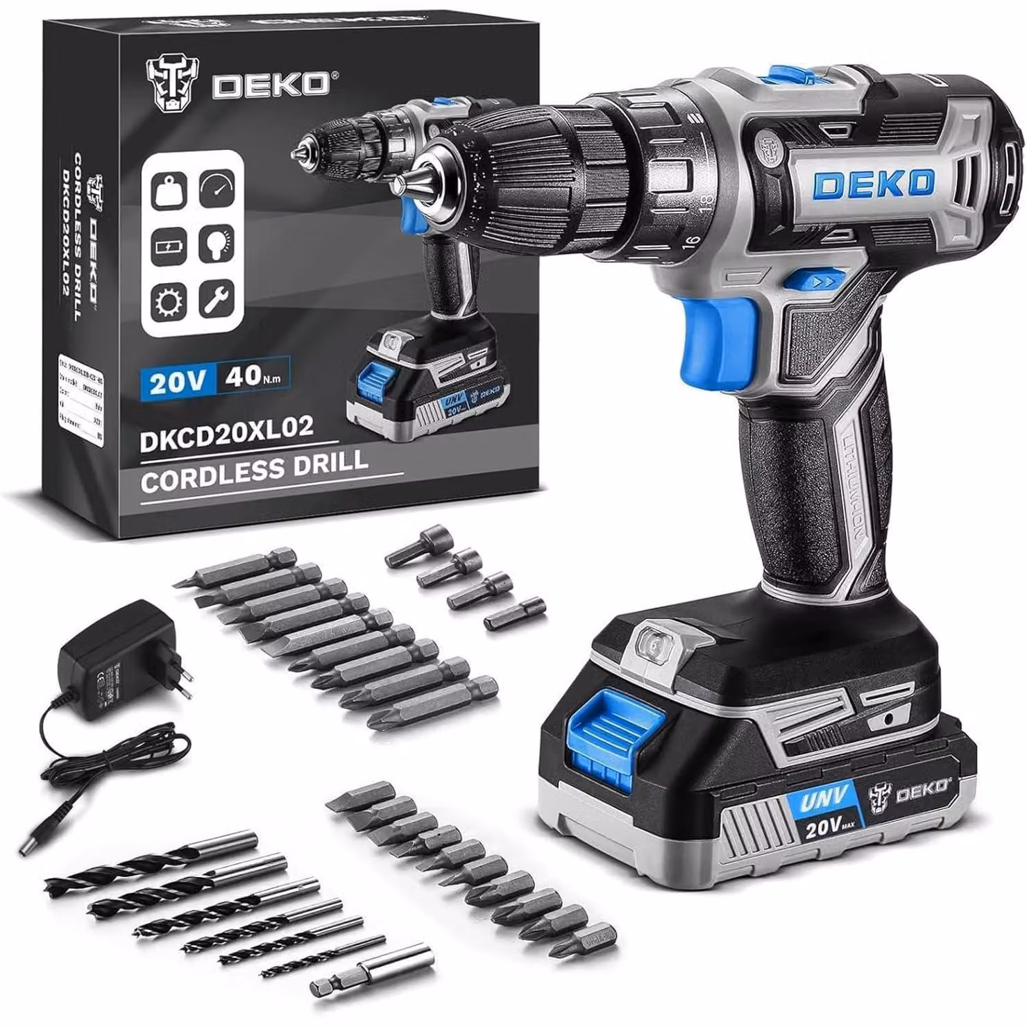 Set di trapano avvitatore a batteria da 20V, completo di batteria e caricabatterie, colore blu, 1,5 Ah, 0-1350 giri/min, 18+1 impostazioni di coppia