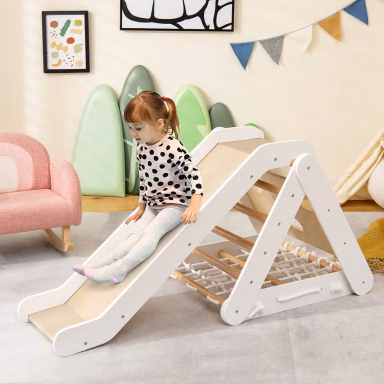 Struttura per arrampicata in legno 4-in-1 Costway con scivolo e rete per bambini, colore bianco