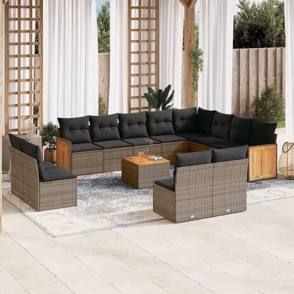 vidaXL Set Divani da Giardino 13 pz a Forma a L in Polyrattan Grigio con Cuscini e Tavolino da Esterno – 1