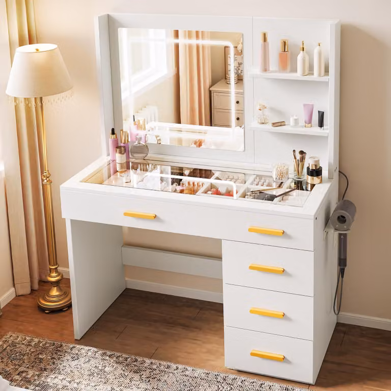 Tavolino da trucco illuminato YITAHOME, comò da trucco con specchio, tavolini da trucco