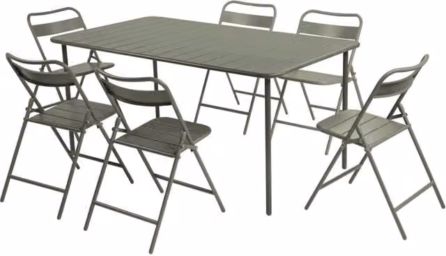Set tavolo da giardino in acciaio con 6 sedie pieghevoli, 160cm, verde