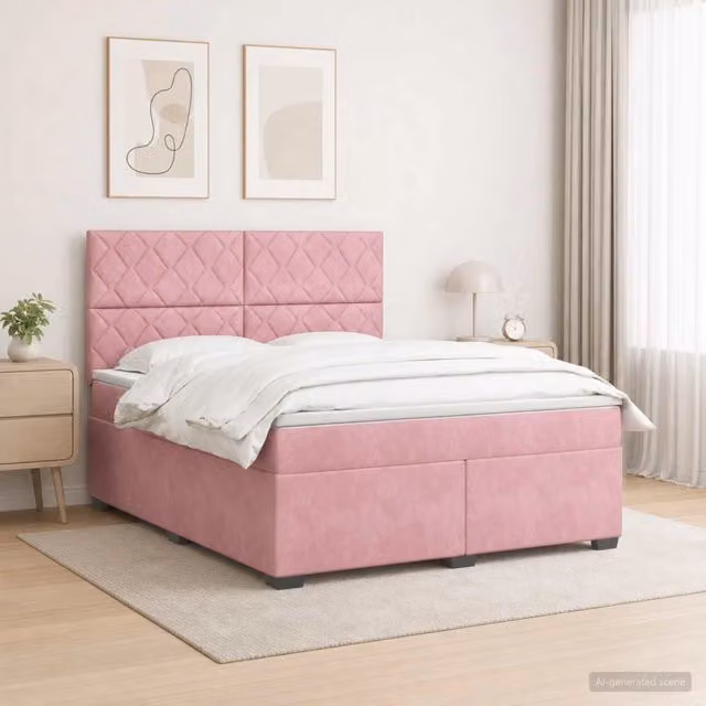 Letto box spring con materasso vidaXL in velluto rosa e bianco L/P: 160 x 200 cm