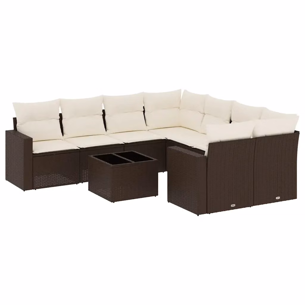 vidaXL Set Divano da Giardino a L 9pz in Polyrattan Marrone con Cuscini Bianchi e Tavolino da Esterno – 2