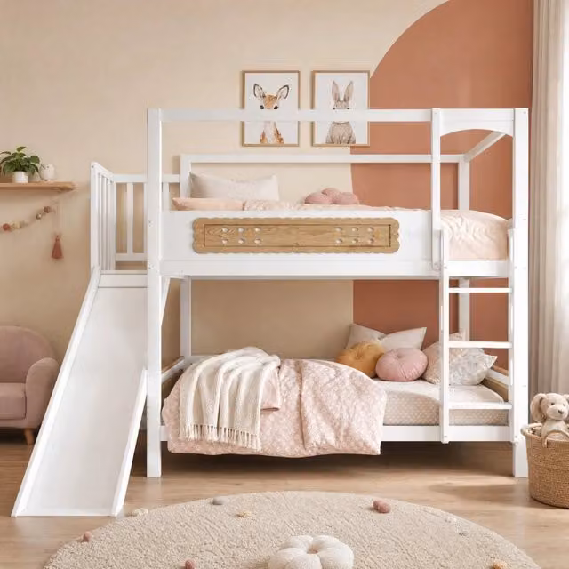 Letto a castello per bambini con scivolo e scala, design scandinavo in legno e MDF, bianco e legno naturale, L/P/H: 200 x 90 x 176 cm