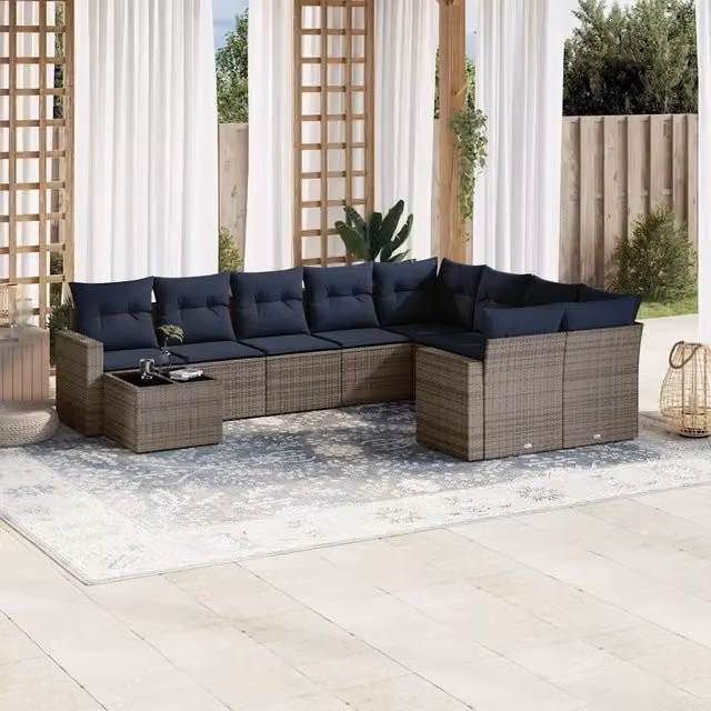 Set Divani da Giardino 10 pz con Cuscini Grigio in Polyrattan 3219451