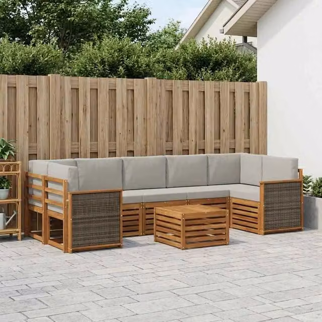 Set di divani da esterno a L vidaXL in legno di acacia con cuscini beige e grigi composto da 8 pezzi con tavolino da caffè