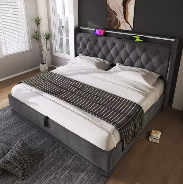 Letto 160x200 cm con contenitore idraulico, LED a 360Â° e USB/USB-C in lino grigio