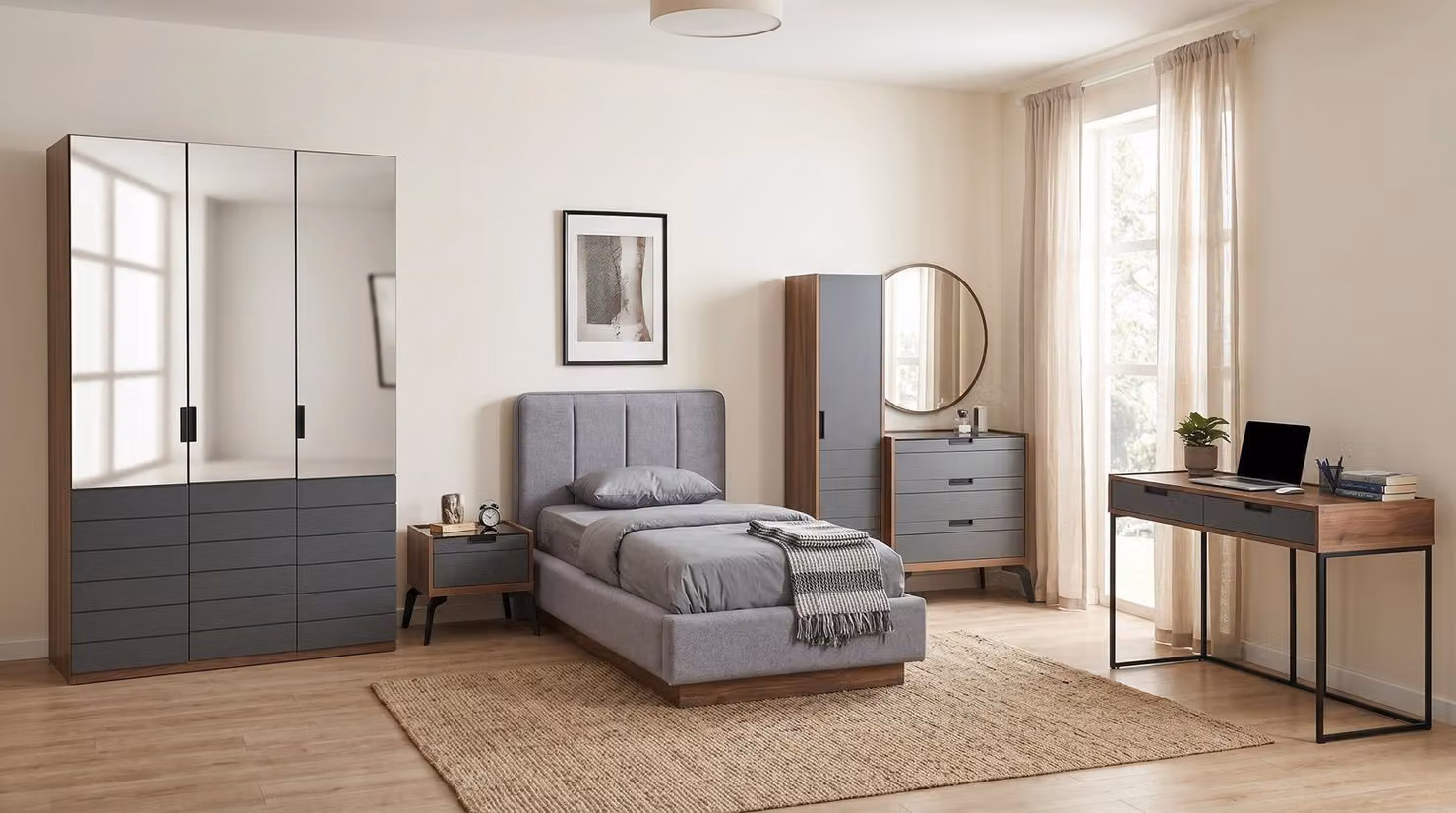 Set per camera da letto per ragazzi, stile moderno, con letto, due comodini, scrivania e armadio, colore blu