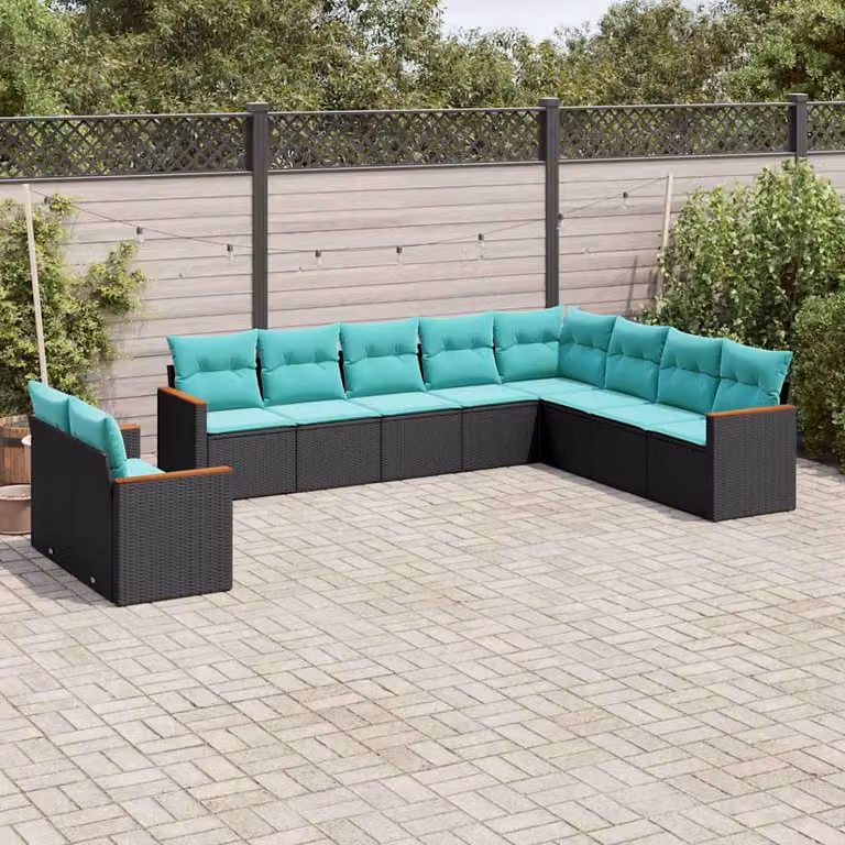 Set di divani da giardino vidaXL in polyrattan nero con cuscini, design a L e struttura in metallo per esterno