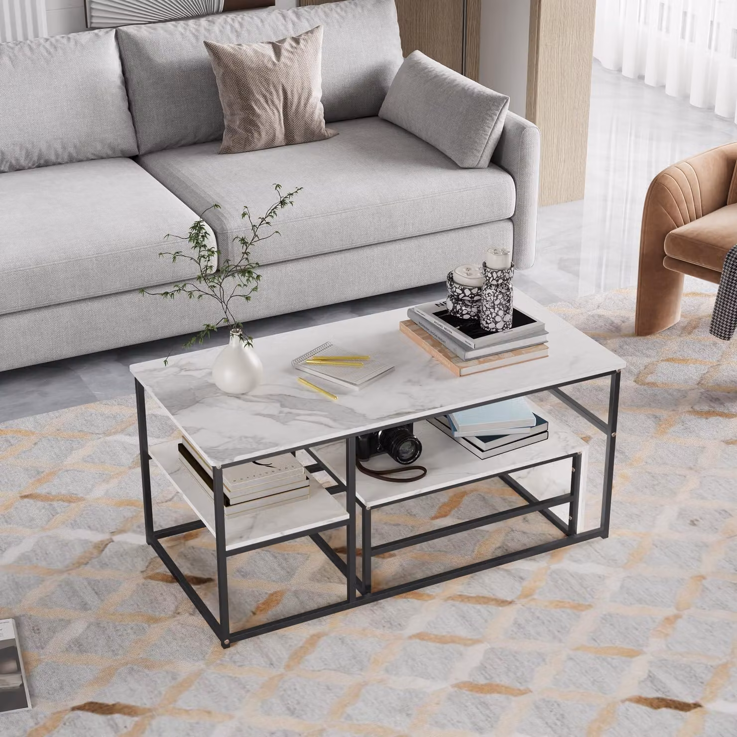 Set di 2 tavolini da salotto - Effetto marmo e struttura - Bianco e nero