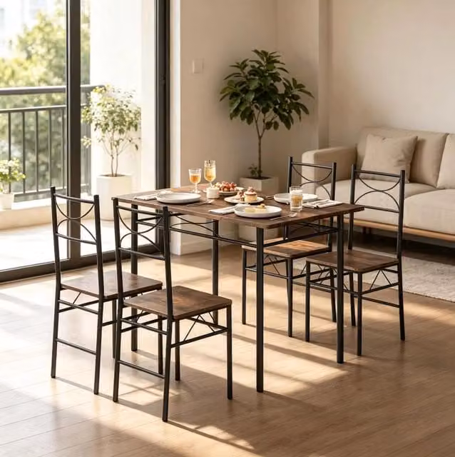 Set da pranzo rustico con tavolo e 4 sedie in MDF e ferro