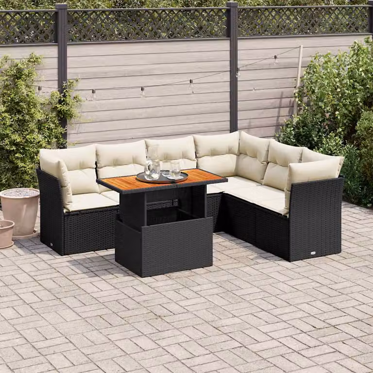 Set Divano da Giardino a L con Polyrattan e Cuscini vidaXL, 7 Pezzi, Nero e Bianco