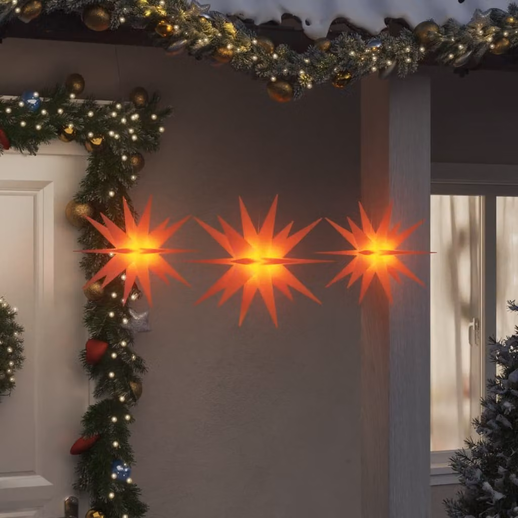 Set di 3 decorazioni natalizie a forma di stella con LED di vidaXL, colore rosso e luce bianco caldo, pieghevoli e con timer