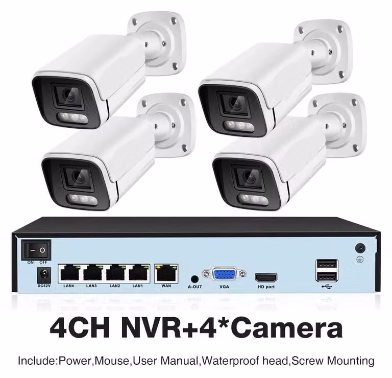 Sistema di videosorveglianza con 4 telecamere - Kit NVR POE da 8MP con visione notturna e rilevamento del movimento