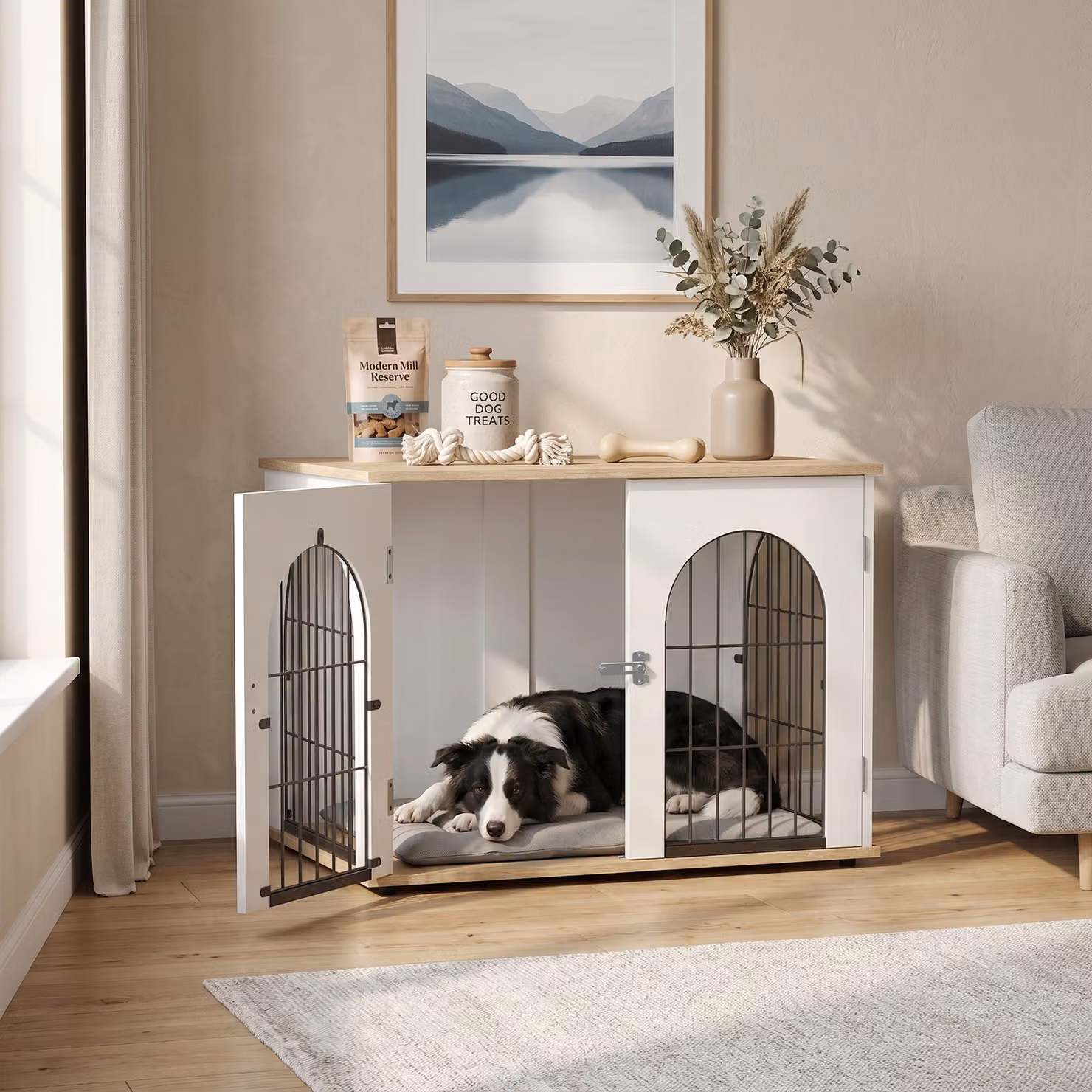 PawHut Mobile Gabbia per Cane ad Arco con Doppia Porta e Tavolino in Metallo, Bianco, L 80 cm x P 56 cm x H 59 cm – 2