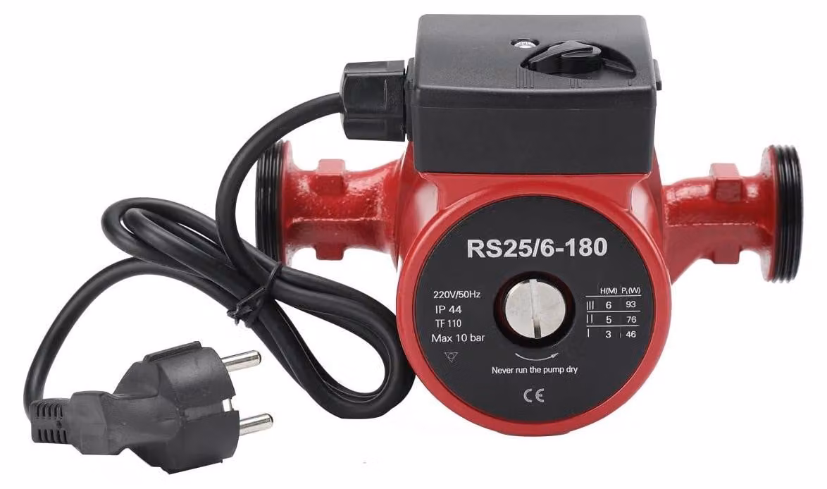 Pompa di circolazione per riscaldamento RS25-6-180 - 95 W, silenziosa - 3 velocità - Adatta per sistemi di riscaldamento e raffreddamento - Portata di 56 l/min, altezza di mandata di 6 metri - 220V 50Hz, grado di protezione IP44 - Colore: rosso