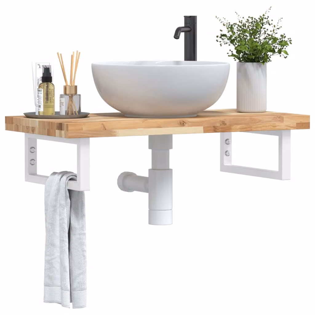 vidaXL Ripiano a Parete per Lavabo in Accacia e Metallo, Bianco e Marrone, L: 60 cm, P: 40 cm, H: 19 cm