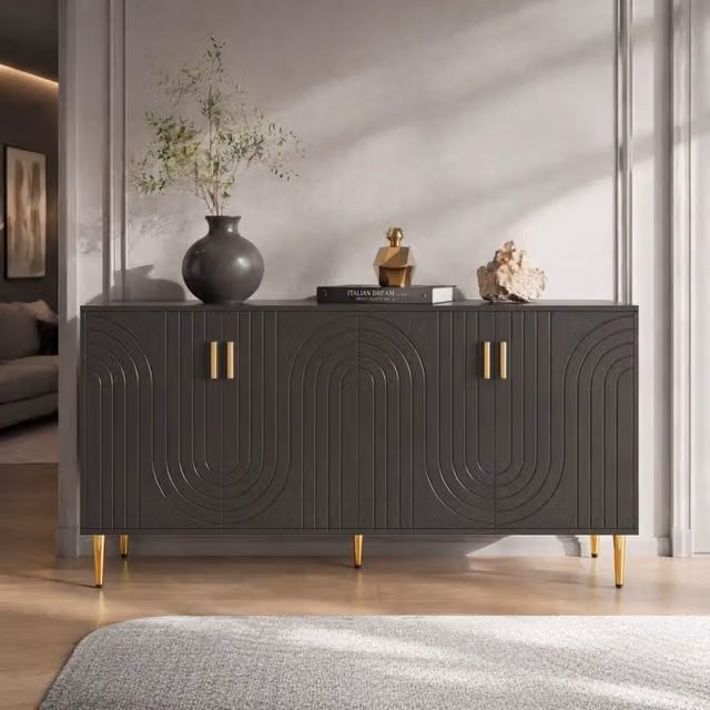 Credenza moderna nera e oro in MDF con design geometrico e finitura opaca, L: 75 cm, P: 40 cm, H: 40 cm