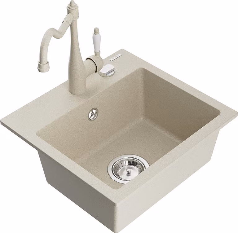 Mexen Milo lavello in granito a 1 vasca con rubinetto da cucina Carla, beige - 6505-69-670700-69
