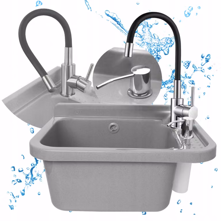 Set lavello, grigio, 50 cm, rubinetteria flessibile, erogatore d'acqua