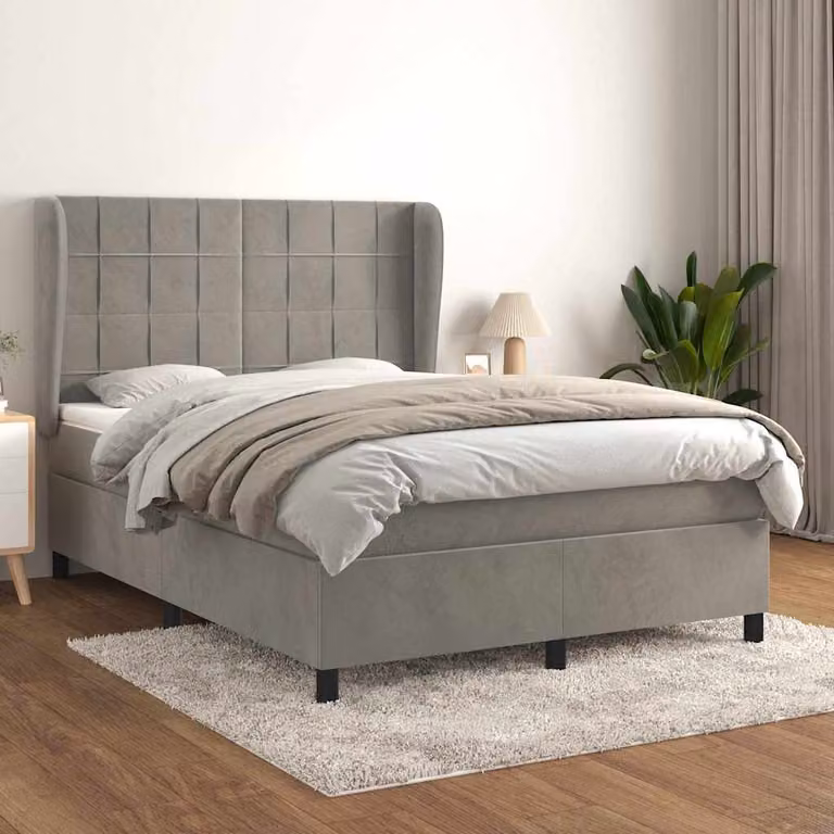 vidaXL Giroletto a Molle con Materasso Ibrido in Velluto Grigio Chiaro e Bianco L/P/H: 190 x 140 x 128 cm
