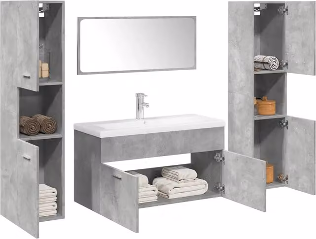 Set di mobili da bagno moderno vidaXL in legno e vetro, colore grigio e bianco, composto da mobile lavabo, pensili e specchio, montaggio a parete