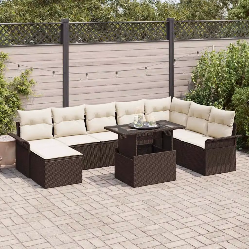 Set Divano da Giardino vidaXL 9 pz Marrone con Cuscini e Tavolino in Polyrattan e Metallo – 1