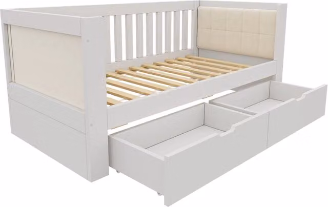 Divano letto bianco 90x200 cm in legno con 2 cassetti e schienale imbottito, struttura robusta per spazi piccoli, senza materasso
