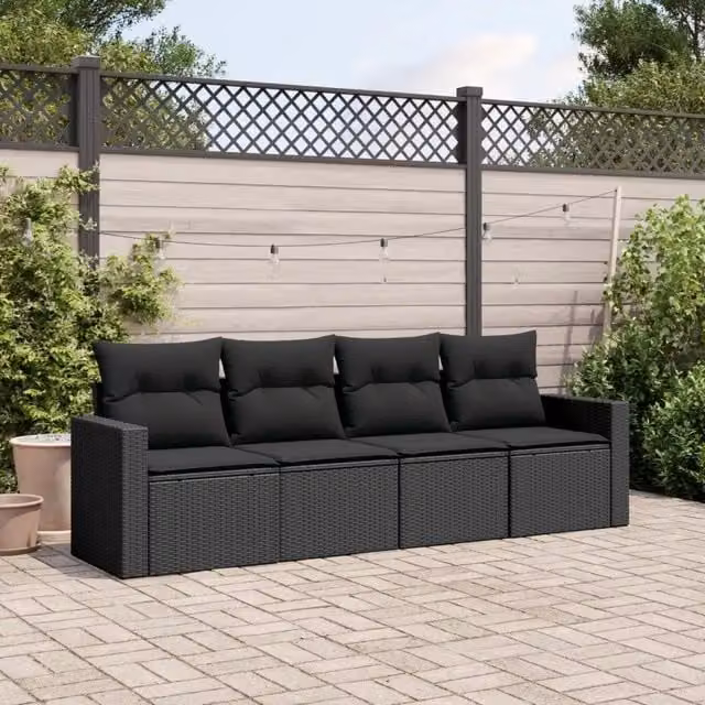 Set Divani da Giardino 4 pz con Cuscini Nero in Polyrattan 3218665