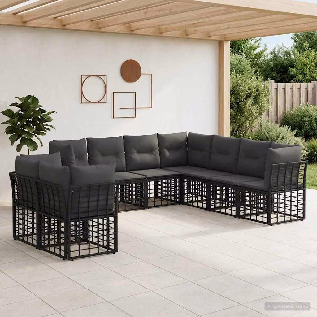 Set di divani da esterno a L vidaXL in polyrattan nero con cuscini in poliestere resistente ai raggi UV