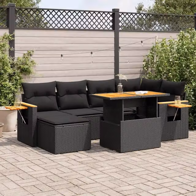 Set Divani da Giardino con Cuscini 7pz Nero Polyrattan Acacia 3327618