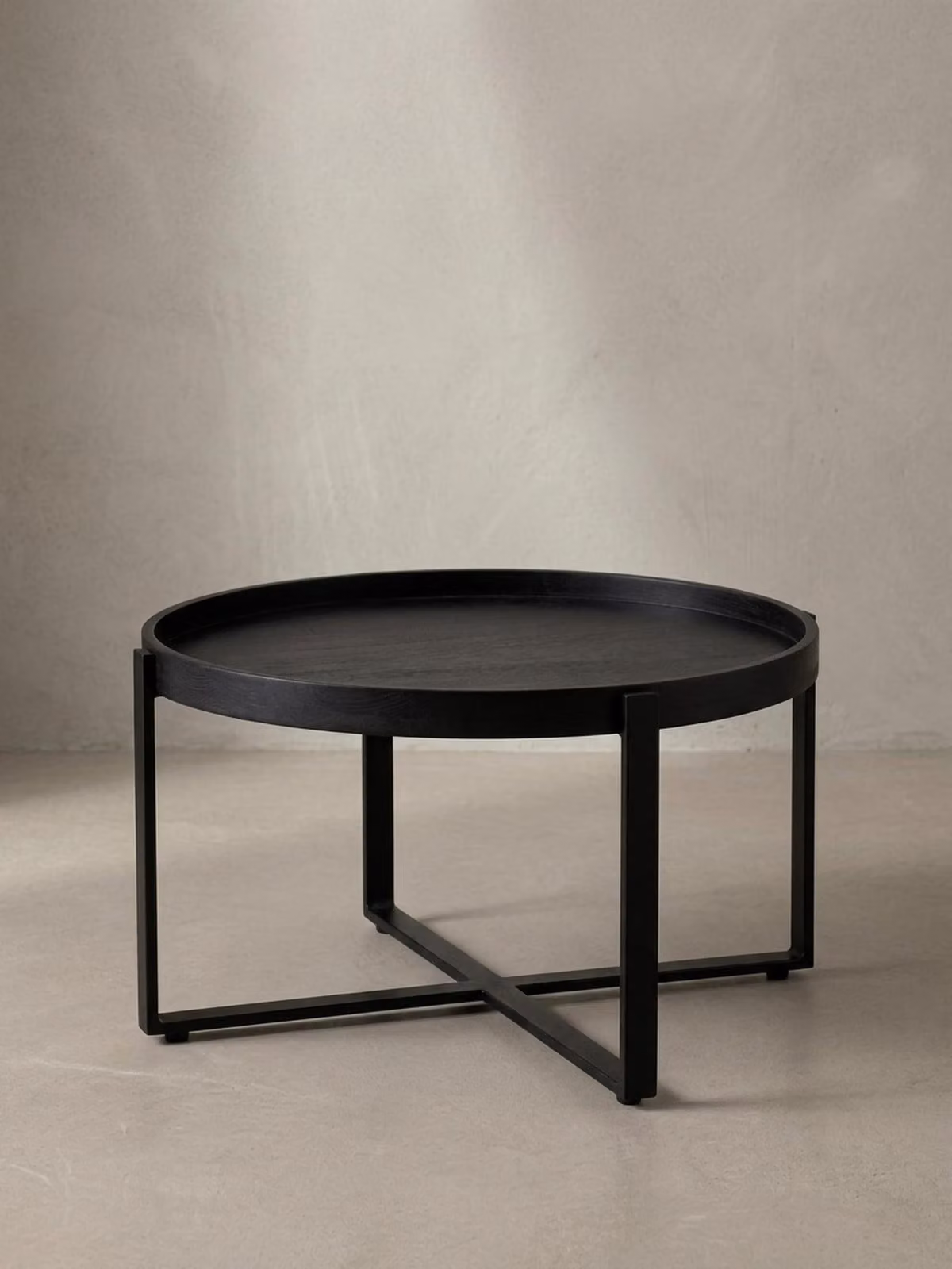 Tavolino da salotto 60x60x35 cm in legno massello di mango / metallo nero Tavolino rotondo, tavolino da salotto di design con bordo rialzato, tavolino da caffè industriale Salotto moderno