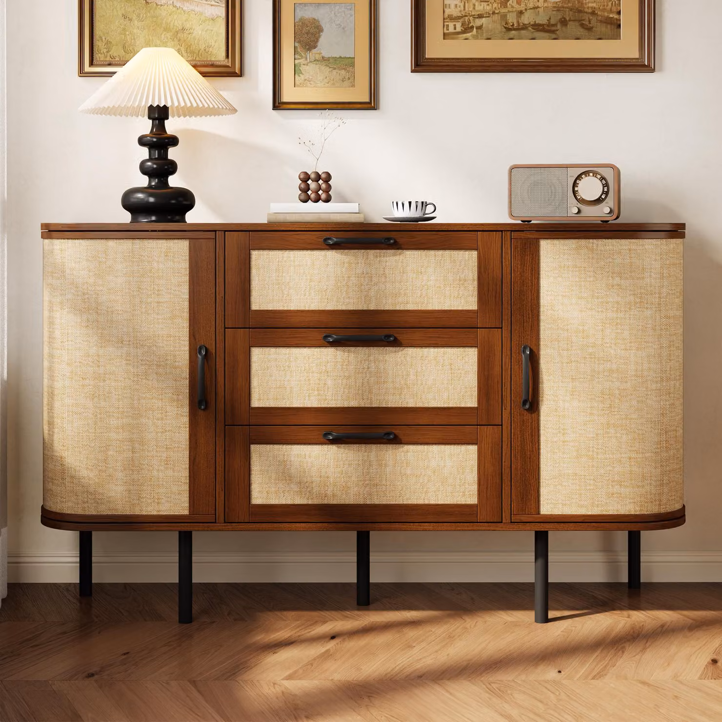 Mobile contenitore laterale Merax con 2 ante e 3 cassetti, credenza con frontale intrecciato, ripiani interni regolabili, gambe in metallo, mobile per soggiorno, noce