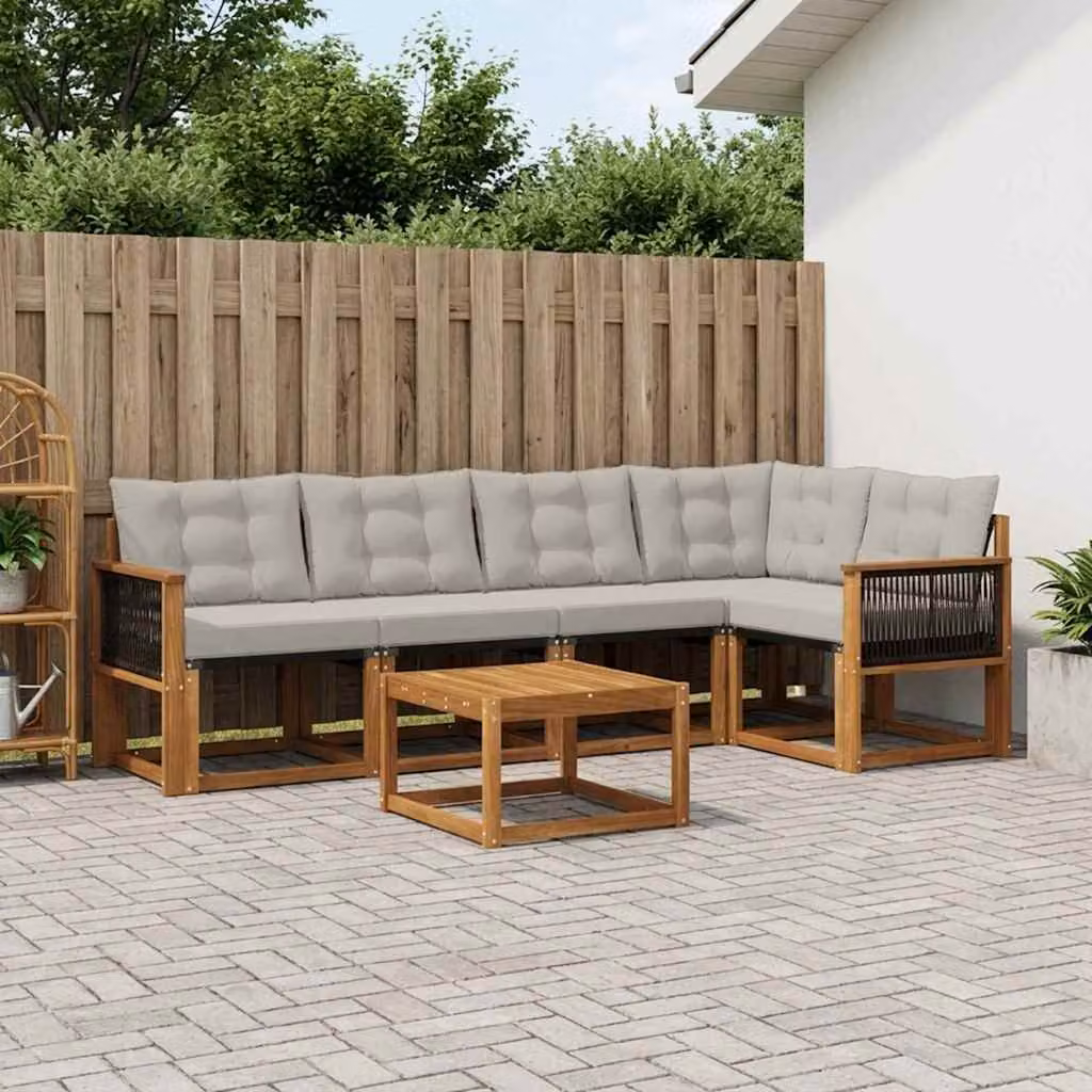 Set di divani da esterno vidaXL a forma di L composto da 6 pezzi con tavolo da caffè, struttura in legno di acacia e sedute in tessuto textilene, colori beige e grigio